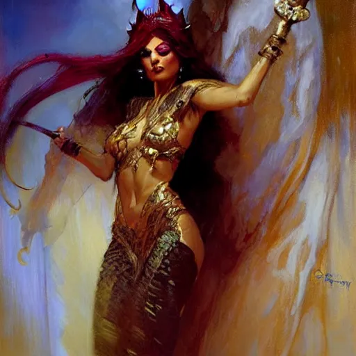 Prompt: Attractive demon queen, painting by Gaston Bussiere, Craig Mullins