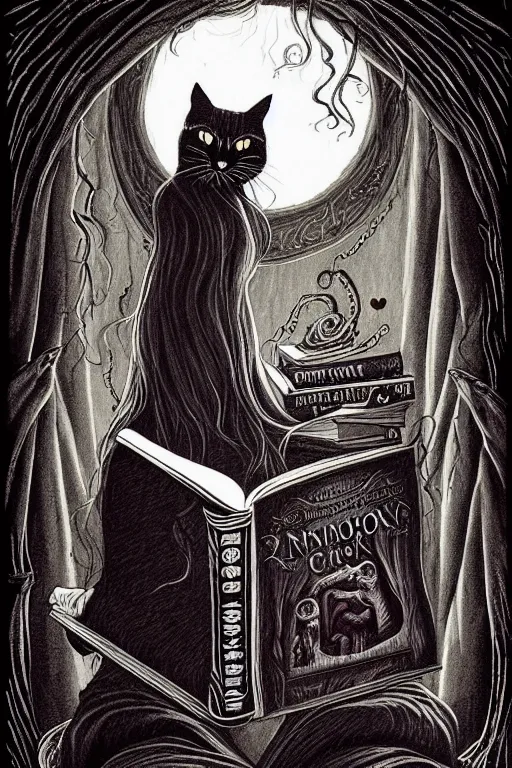 Image similar to stephen king illustration of romantic girl, her cat and her book of necronomicon, symmetrical, cinematic, sharp focus, 4 k, ultra hd, sense of awe, sinister demonic atmosphere, dreadful, forbidden knowledge, old gods, cthulhu, yog - sothoth! yah, yah, yah! cultist journal cover