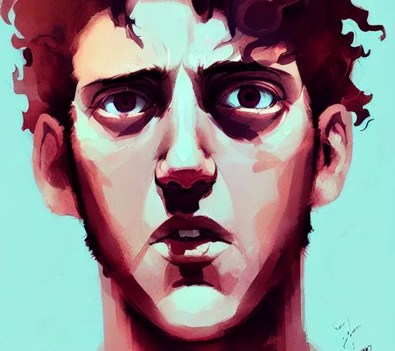 Prompt: portrait man with red curly hair and bright eyes, by atey ghailan, by greg rutkowski, by greg tocchini, by james gilleard, by joe fenton, by kaethe butcher, by ashley wood, dynamic lighting, gradient light blue, brown, blonde cream and white color scheme, grunge aesthetic