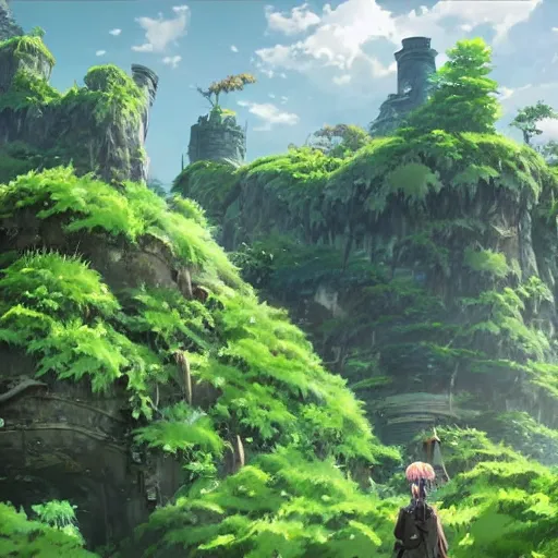 Image similar to a giant troll in city ruins overtaken by vegetation in anime style highly detailed by makoto Shinkai and Raphael Lacoste