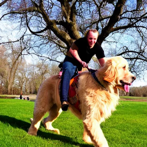 Prompt: human riding giant golden retriever in the park, trending on attestation