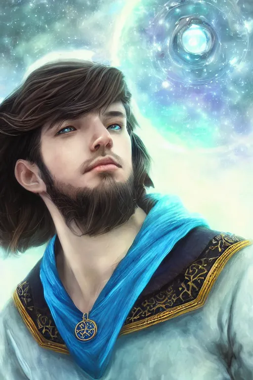 Image similar to beautiful portrait of a handsome young male wizard wearing a fancy blue tunic, l medallion!! around neck, art by wlop and artgerm, steampunk fiction, detailed deep blue eyes, ( long dark brown hair in ponytail!!!! ), space background, artstation, sharp focus, illustration, caustics, octane render, 4 k, radiant light