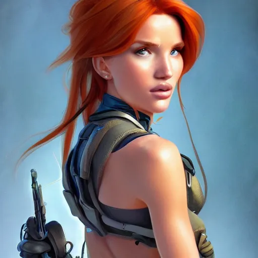 Image similar to ultra realistic illustration, bella thorne as kim possible, intricate, elegant, highly detailed, digital painting, artstation, concept art, smooth, sharp focus, illustration, art by artgerm and greg rutkowski and alphonse mucha