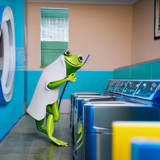 Image similar to plastic toy frog cleaning up the laundromat, pastel colors