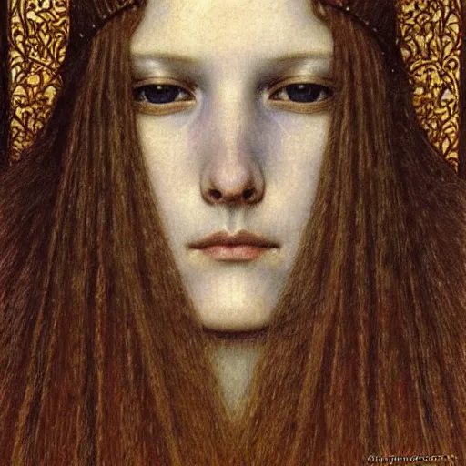 Image similar to detailed realistic face portrait of a beautiful young medieval queen by jean delville, art nouveau, symbolist, visionary, gothic