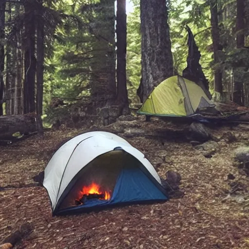 Image similar to photo of Calvin and Hobbes camping in the forest