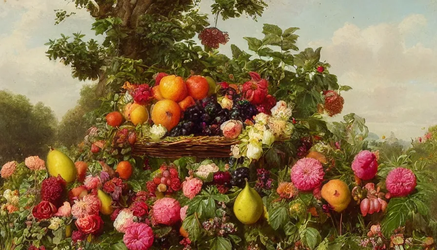 Prompt: perfume bottle in a garden of glorious bounty of summer fruits and flowers, by william mason brown