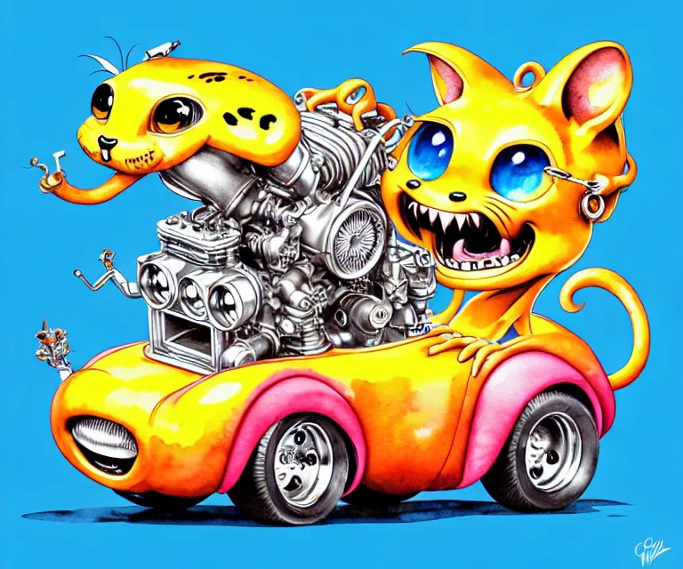 Image similar to cute and funny, margay driving a tiny hot rod with an oversized engine, ratfink style by ed roth, centered award winning watercolor pen illustration, isometric illustration by chihiro iwasaki, edited by craola, tiny details by artgerm and watercolor girl, symmetrically isometrically centered