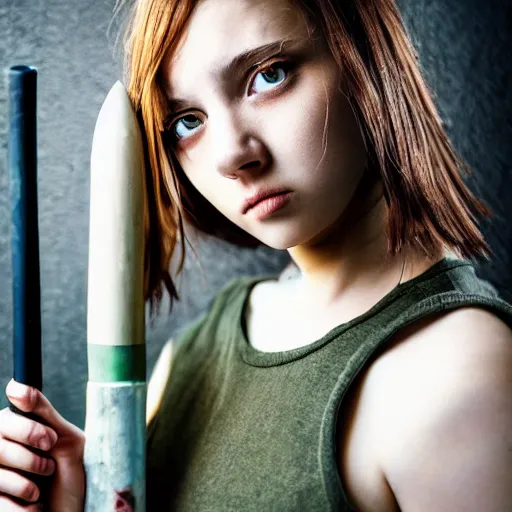 Image similar to lomo photograph, intricate detail, hyper detail, young beautifull woman, very hapot, full body potrait holding baseball bat, hazel green eyes, realistic, highlydetailed, natural, model shoot, masterpiece, sharp focus,