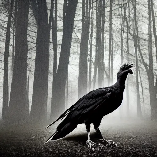 Image similar to werecreature consisting of a crow and a human, werecrow, photograph captured in a dark forest