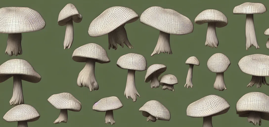 Image similar to 3 d study of a bunch of mushrooms in the forest, wireframe, detailed, octane