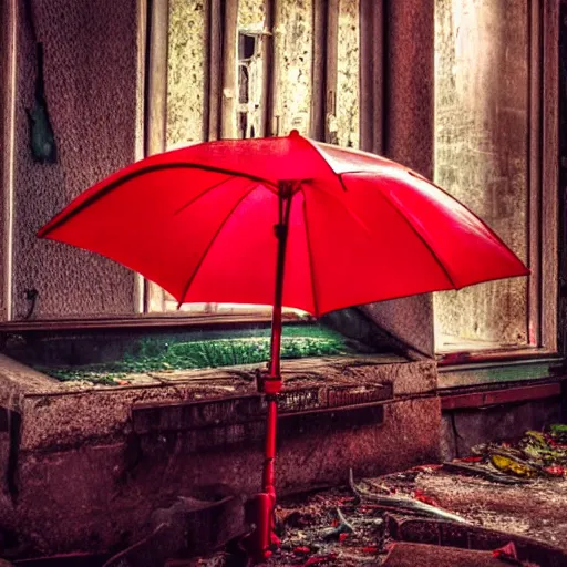 Image similar to abandoned places with a red umbrella, cinematic light,