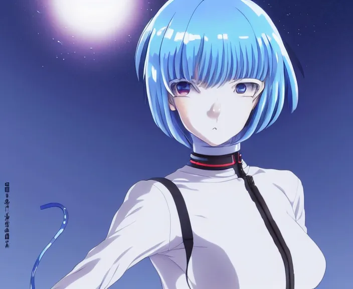 Image similar to anime art, fullbody shot of female rei ayanami, evangelion, long blue hair and large eyes, finely detailed perfect face, in a pale skintight plugsuit, sitting on rooftop, flooded city, trending on pixiv fanbox, by ilya kuvshinov, sola digital arts,, raytracing