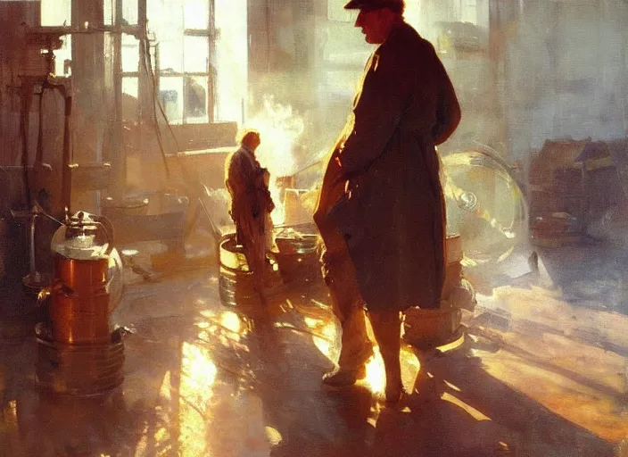 Image similar to oil painting of copper still in factory setting, art by anders zorn, wonderful masterpiece by greg rutkowski, beautiful cinematic light, american romanticism by greg manchess, reflections in copper, sunlight, dust and steam