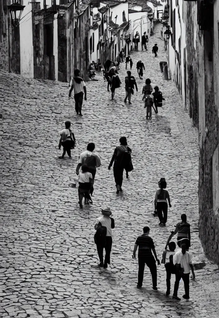 Image similar to ouro preto black and white barroc, photo close view of street with people walking