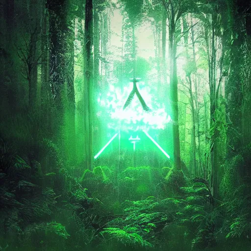 Prompt: “Dark subversive green lush forest with a magical portal at its core, photorealistic Breath of The Wild, Craig Mullinsa, 8k, ultra hd, night with a light from the window, against a matrix background, all black room and setting, glitch art, trending on artstation, high detail, 8K, CGsociety, hypermaximalist, octane render, cinematic lighting, post apocalyptic, data, code, mutek, nervous system, parametric, octane render, sci fi, glitch”