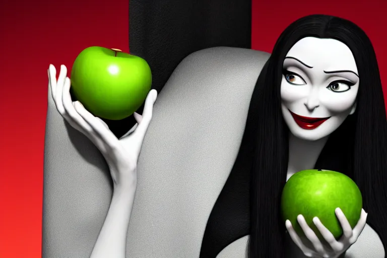 Prompt: still from a dreamworks movie of morticia addams holding a green apple, high quality 3d render, movie, dreamworks, renderman, 4k, artstation