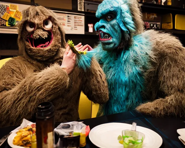 Prompt: Behind the scenes of a monster movie. A man in a monster costume is eating lunch with the leading lady. Documentary photography, casual, lighthearted.