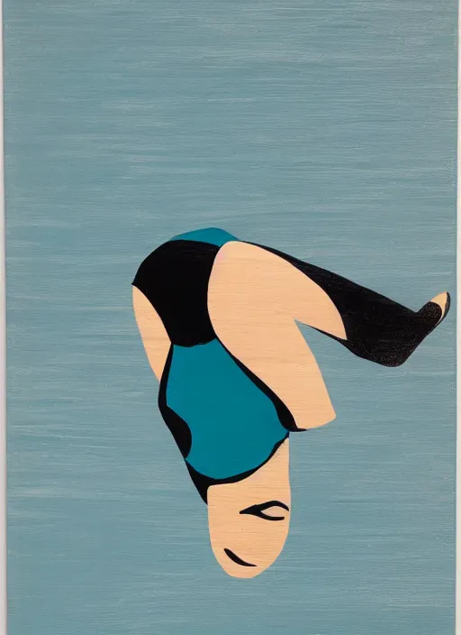 Prompt: acrylic painting on wood of a woman wearing a swimming cap diving from a high diving board into a pool. mid - drive. medium distance. teal, white, black and grayscale. simple. flat. vintage, mid - century modern.