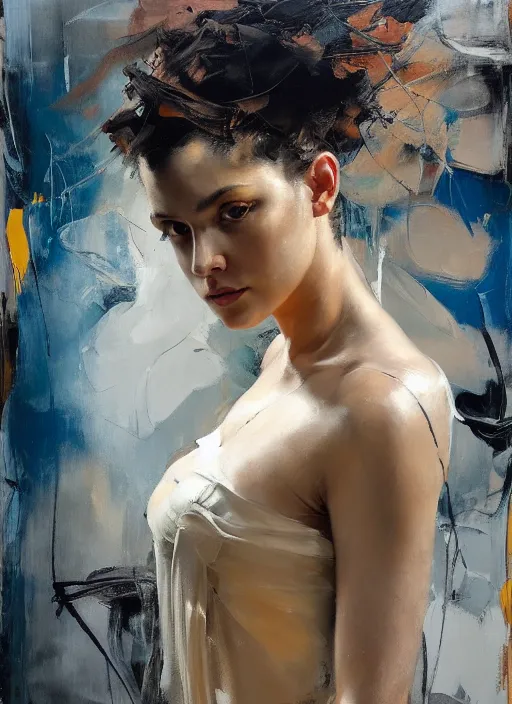 Prompt: photo of a gorgeous young woman in the style of Guy Denning, draped in flowing fabric, warm impasto brush strokes, realistic, sharp focus, 8k high definition, insanely detailed, intricate, elegant, art by Tim Okamura and Jeremy Mann
