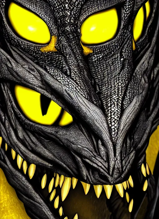 Image similar to closeup portrait of black dragon head with yellow eyes, ultra realistic, fantasy, magic, dnd,