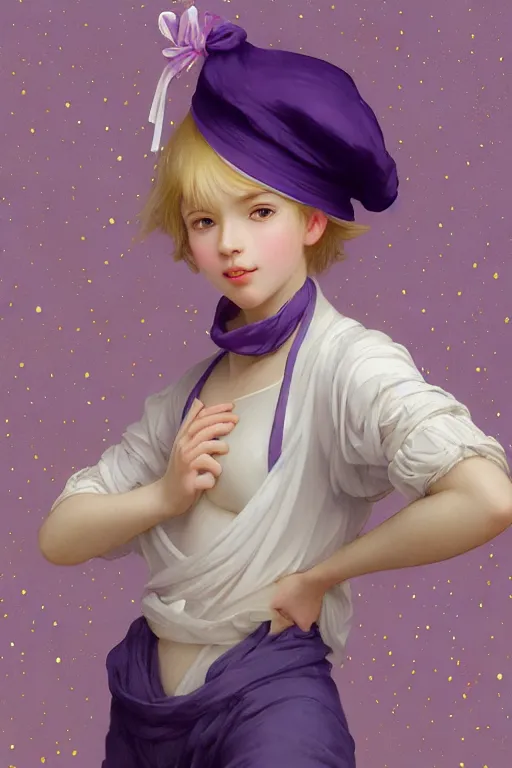 Image similar to Full View girl with short blond hair wearing an oversized purple Beret, Baggy Purple overall shorts, Short Puffy pants made of silk, silk shoes, a big billowy scarf, Golden Ribbon, and white leggings Covered in stars. Short Hair. masterpiece 4k digital illustration by Ruan Jia and Mandy Jurgens and Artgerm and william-adolphe bouguereau, award winning, Artstation, art nouveau aesthetic, Alphonse Mucha background, intricate details, realistic, panoramic view, Hyperdetailed, 8k resolution, intricate art nouveau