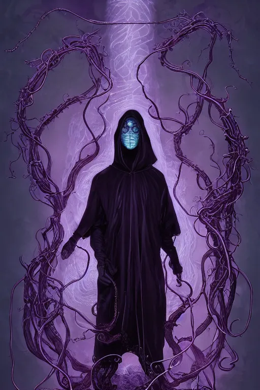 Image similar to A full body portrait of a mysterious shaman with no face with a very long hooded dark purple cloak tentacles and vines coming out the ground art by Maciej Kuciara and Jason Chan, ominous, cosmic horror, trending on artstation, Ultra detailed, hyper realistic 4k