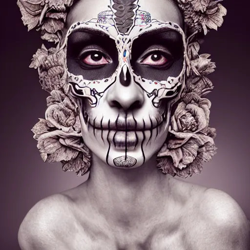 Prompt: the portrait of an absurdly beautiful, graceful, sophisticated, fashionable dia de los muertos gravure idol, an ultrafine hyperdetailed illustration by kim jung gi, irakli nadar, matt wisniewski, tribal makeup, intricate linework, iridescent wiring, porcelain skin, unreal engine 5 highly rendered, global illumination, radiant light, detailed and intricate environment