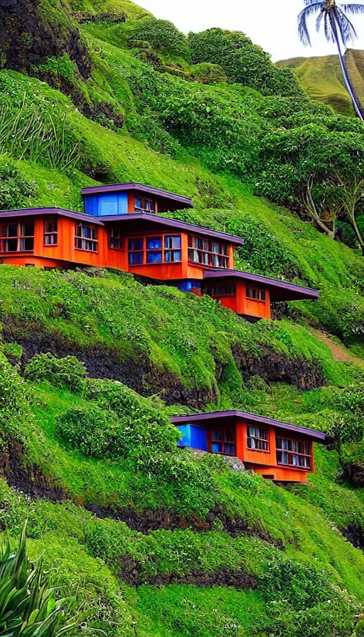 Image similar to hobbit monastery on hawaii, shipping containers emerging from hillside, prefab mini homes, by Ivan Bilibin, Lisa Frank