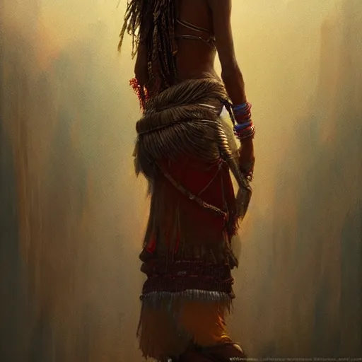 Prompt: back view of a beautiful indian tribal woman warrior, by dreadjim, Greg Rutkowski, james gurney, low angle view, masterpiece, cinematic