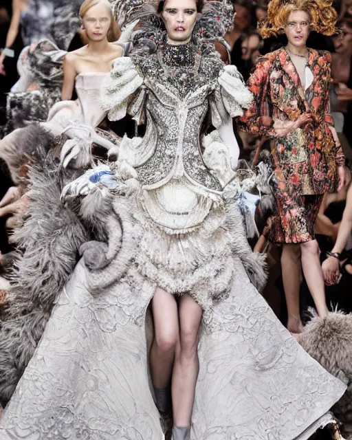 Image similar to fashion model walking down a catwalk, elaborate dress by alexander mcqueen, detailed face, beautiful feminine face, art by julia hetta and giampaolo sgura and pamela hanson and david roemer and mario testino and lara jade and tim walker and cole sprouse
