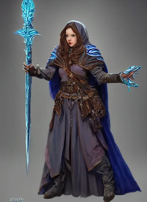 Image similar to dark blue cloak female priest, ultra detailed fantasy, dndbeyond, bright, colourful, realistic, dnd character portrait, full body, pathfinder, pinterest, art by ralph horsley, dnd, rpg, lotr game design fanart by concept art, behance hd, artstation, deviantart, hdr render in unreal engine 5