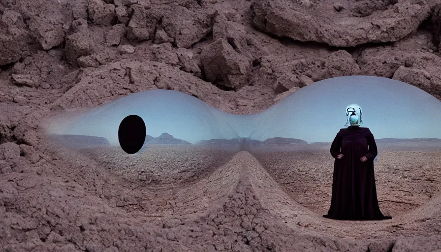 Prompt: levitating bene gesserit reflecting mask in a dry rocky desert landscape, alien city ruins designed by giger, giant abandoned alien city by christopher doyle and alejandro jodorowsky, anamorphic lens, kodakchrome, cinematic composition, very detailed photo, 8 k