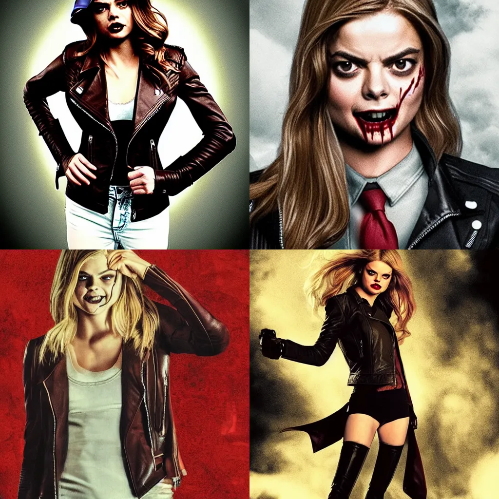 Prompt: in the style of Rafael Albuquerque, Samara Weaving vampire, sharp teeth grin, sarcastic, brown leather jacket