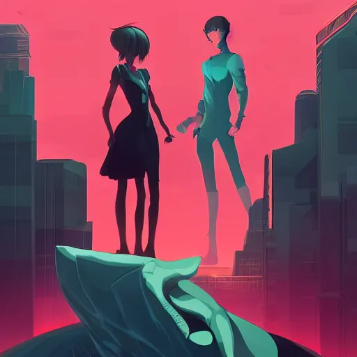 Image similar to a menacing android monster looming over a cowering female, clean cel shaded vector art. shutterstock. behance hd by lois van baarle, artgerm, helen huang, by makoto shinkai and ilya kuvshinov, rossdraws, illustration,