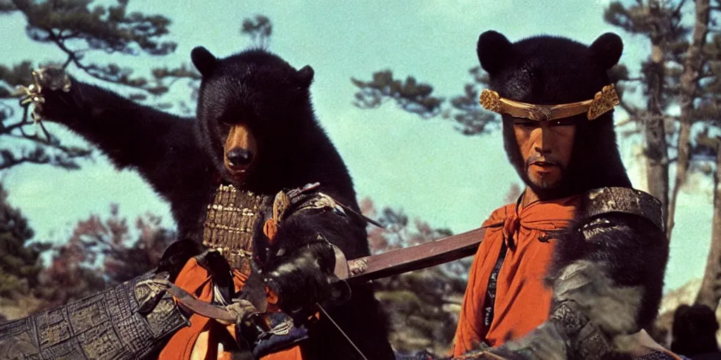 Prompt: scene from Shogun’s Shadow, 1989, movie still, cinematic, anthropomorphic, half man half asian black bear, black bear samurai, epic, samurai