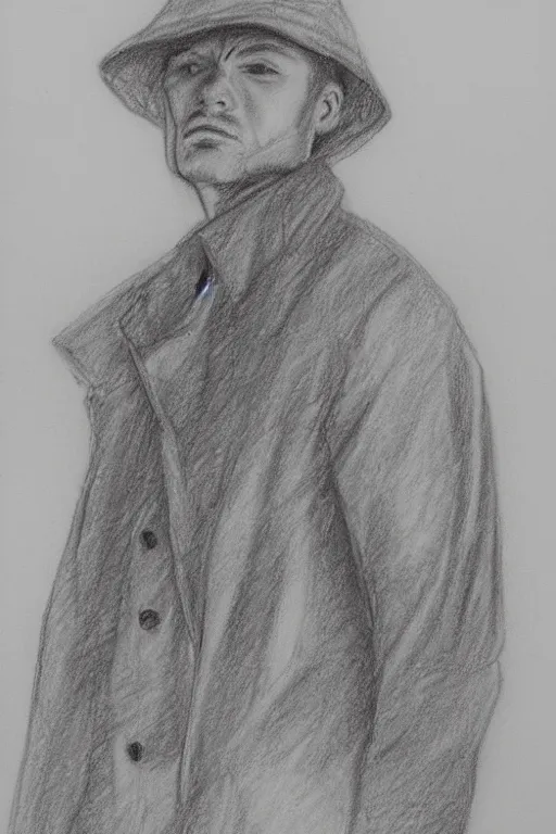 Image similar to a drawn man standing in the rain in a jacket. pencil sketch.