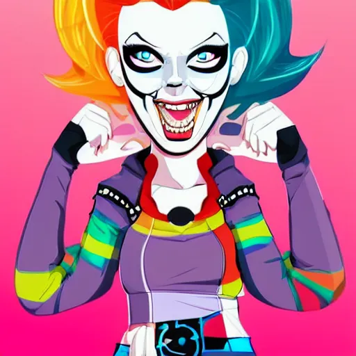 Image similar to kirsten schaal as harley quinn as delirium of the endless, the sandman, rainbow clothes, clean cel shaded vector art. shutterstock. behance hd by lois van baarle, artgerm, helen huang, by makoto shinkai and ilya kuvshinov, rossdraws, illustration