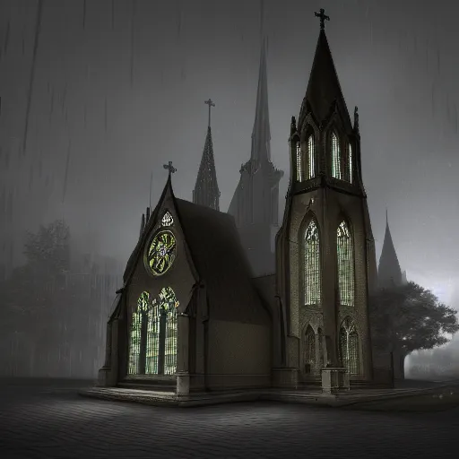 Image similar to victorian church in the middle of the city, dark, misty, at night, 8 k, detailed, concept art, trending on artstation