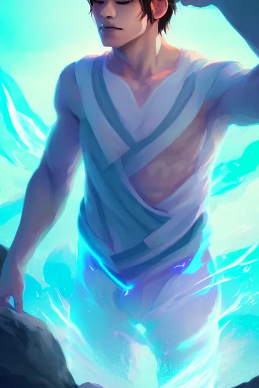 Prompt: a human elemental sorcerer, mountainous lake setting, colorful magic effects, white skin, portrait, male, clothed, sharp focus, digital art, concept art, trending on artstation, dynamic lighting, by emylie boivin and rossdraws