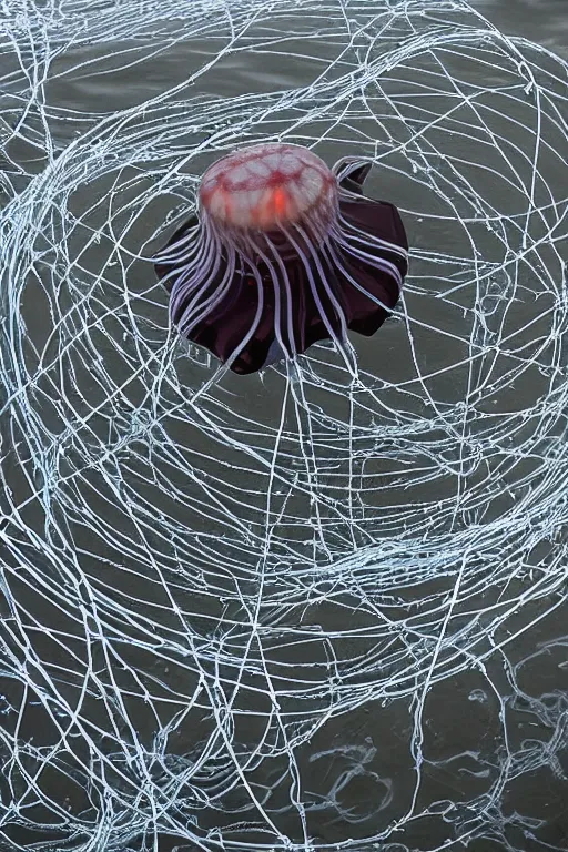 Image similar to a hypnotic jellyfish with tentacles made out of razor wire swimming underwater