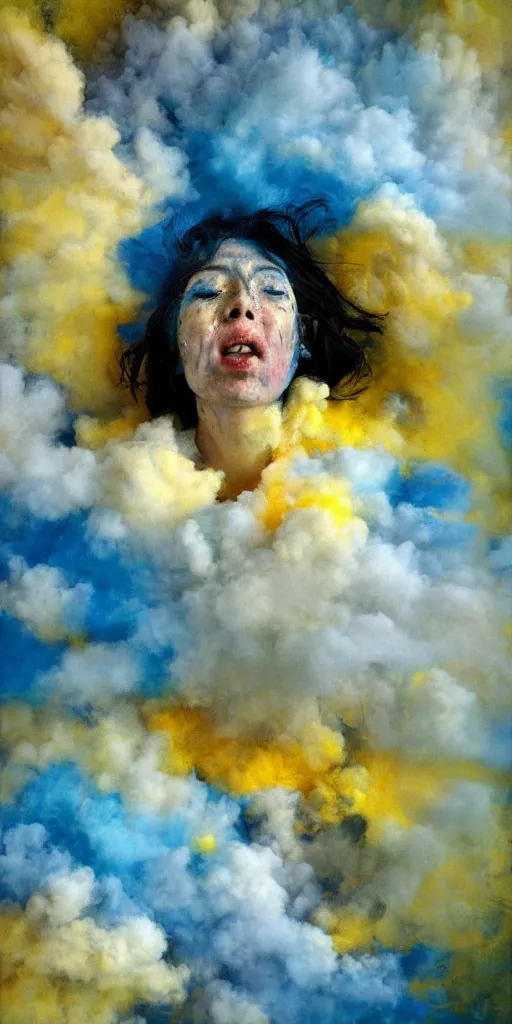 Prompt: woman crying covered in yellow and blue clouds, by kim keever