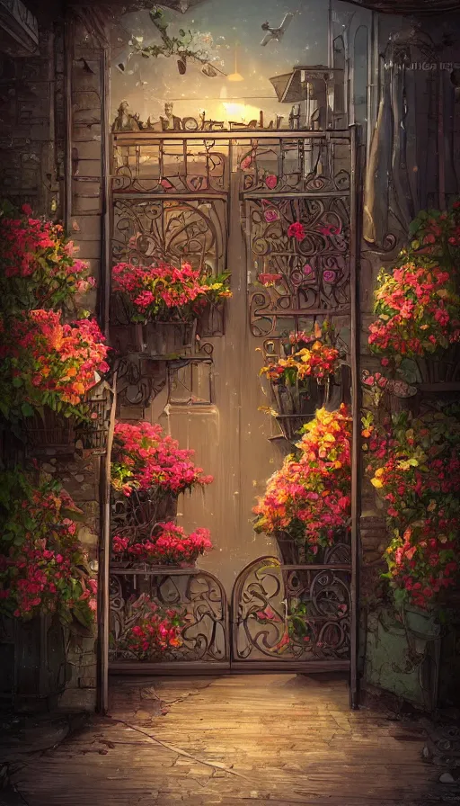 Prompt: a little warm flower shop's front gate, nostalgic, digital illustrati on, dramatic lighting, concept art, detailed textures