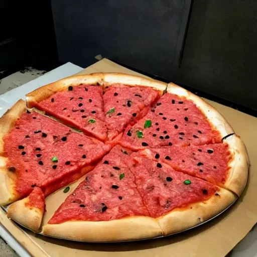 Prompt: a pizza with an entire slice of watermelon on it