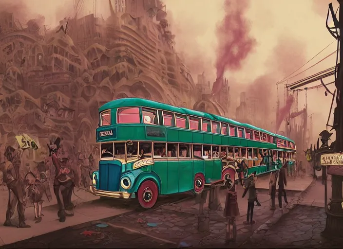 Image similar to matte sharp painting, a steampunk double decker bus, juxtapoz, artforum, gary baseman, preston blair, tex avery, dan mumford, pedro correa