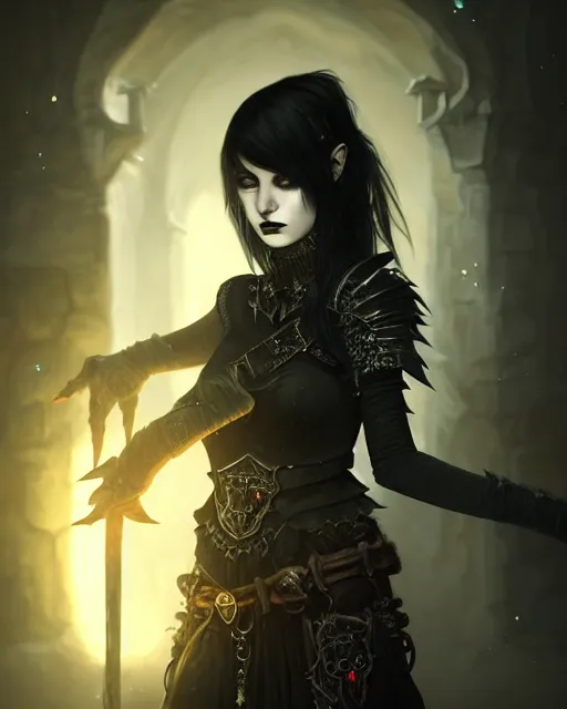 Image similar to Beautiful art portrait of a goth girl as a fantasy warrior in a dungeon, atmospheric lighting, intricate detail, cgsociety, hyperrealistic, octane render, RPG portrait, ambient light, dynamic lighting