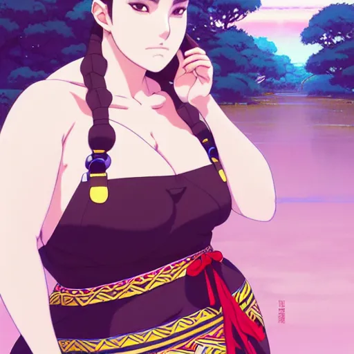 Image similar to a beautiful plus sized model japanese natalie portman, alluring plus sized model, wearing mayan leotard with elegant mayan apron overalls, street fashion hip hop style with mayan patterns, aztec street fashion, gapmoe yandere grimdark, trending on pixiv fanbox, painted by greg rutkowski makoto shinkai takashi takeuchi studio ghibli, akihiko yoshida