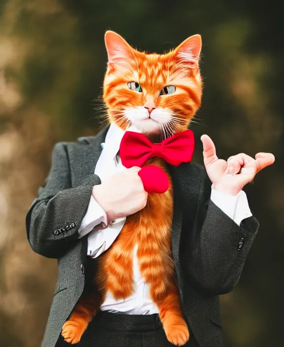 Image similar to award winning photography of a cute ginger cat wearing a smart black suit and a red bowtie