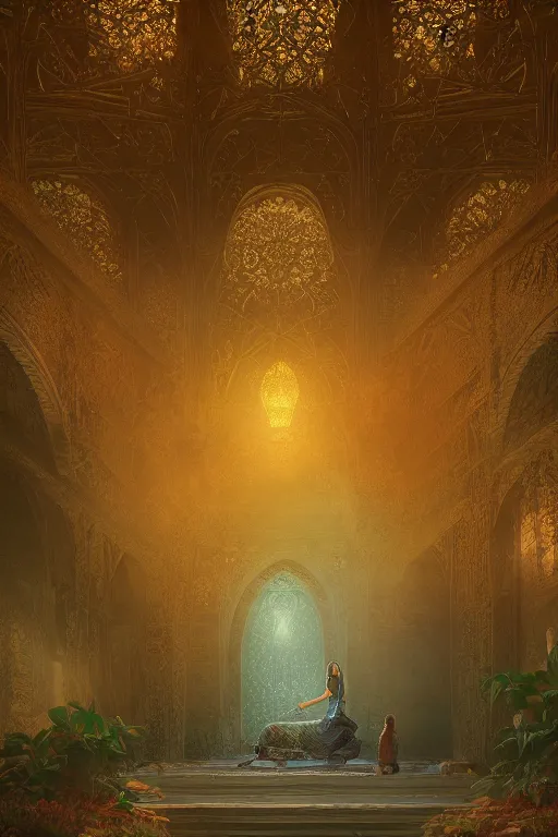Prompt: inside a luxurious and leafy babylonian palace, portrait, powerfull, intricate, elegant, volumetric lighting, scenery, digital painting, highly detailed, artstation, sharp focus, illustration, concept art, ruan jia, steve mccurry