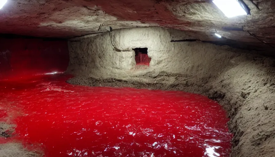 Prompt: secret underground lab with vat of red slime in the middle